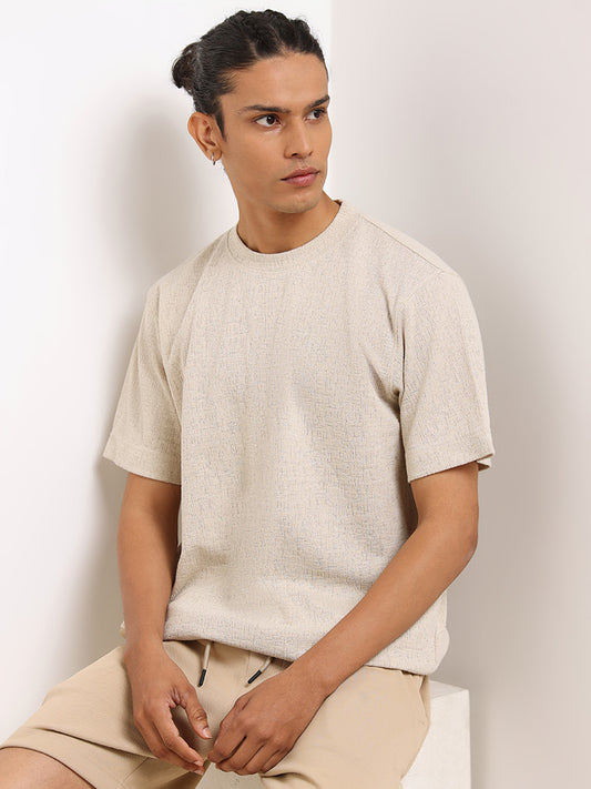 Studiofit Beige Self-Patterned Cotton Blend Relaxed Fit T-Shirt