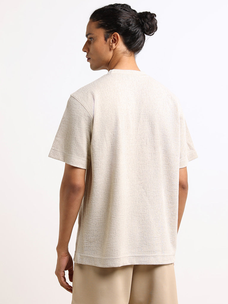 Studiofit Beige Self-Patterned Relaxed Fit T-Shirt