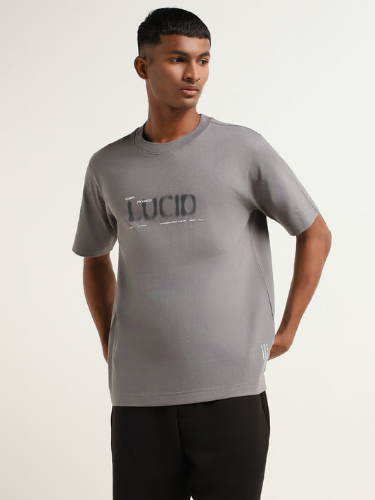 Studiofit Grey Contrast-Printed Relaxed-Fit T-Shirt