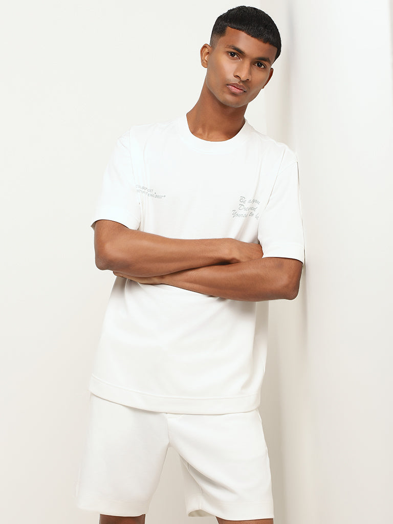 Studiofit White Printed Cotton Blend Relaxed Fit T-Shirt