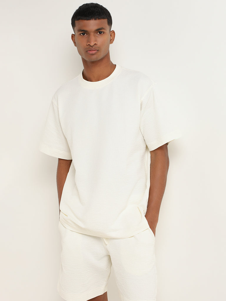 Studiofit Off-White Self-Patterned Cotton Blend Relaxed Fit T-Shirt