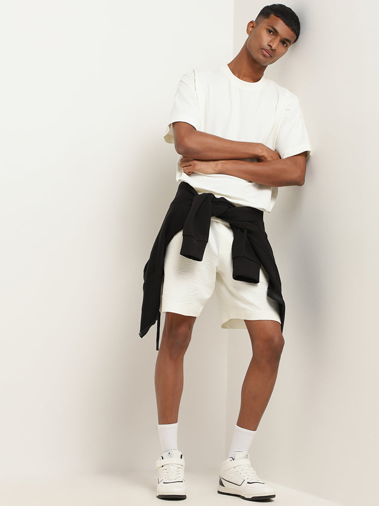 Studiofit Off-White Self-Patterned Relaxed Fit T-Shirt