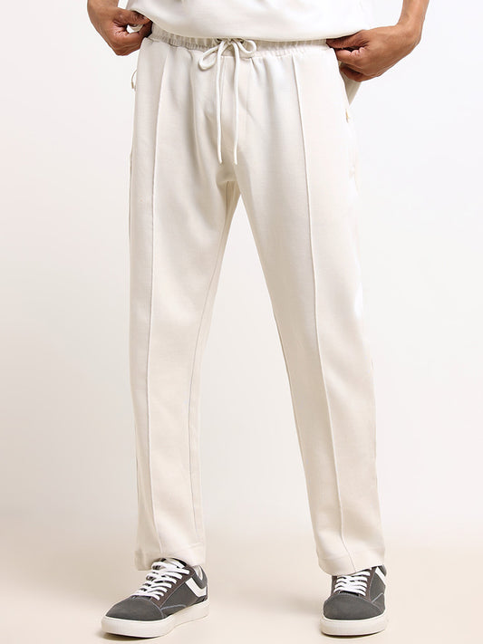Studiofit Off-White Cotton Blend Front Seam Straight Fit Track Pants