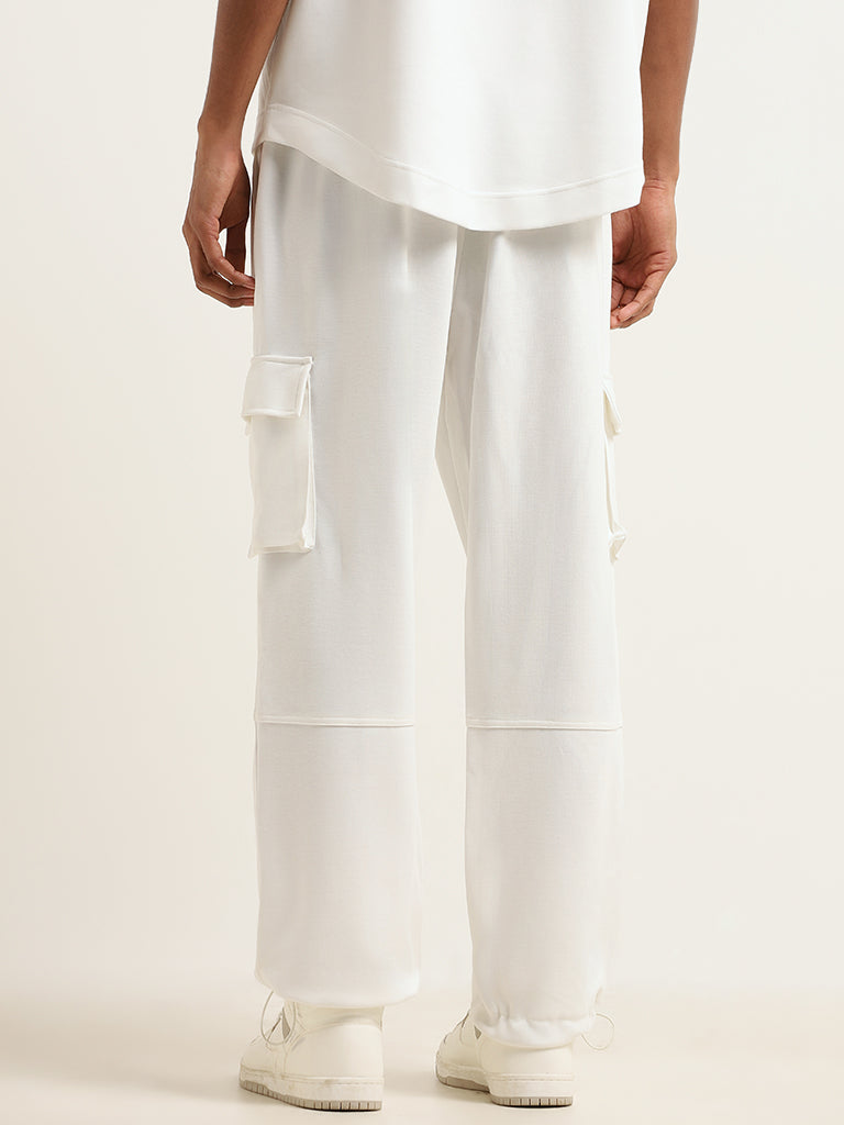 Studiofit White Relaxed Fit Cargo Pants