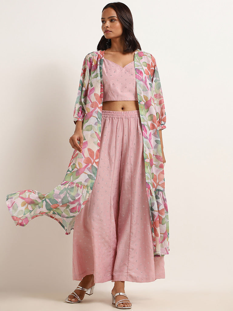 Vark Pink Floral Print Top, Palazzos & Jacket Set
