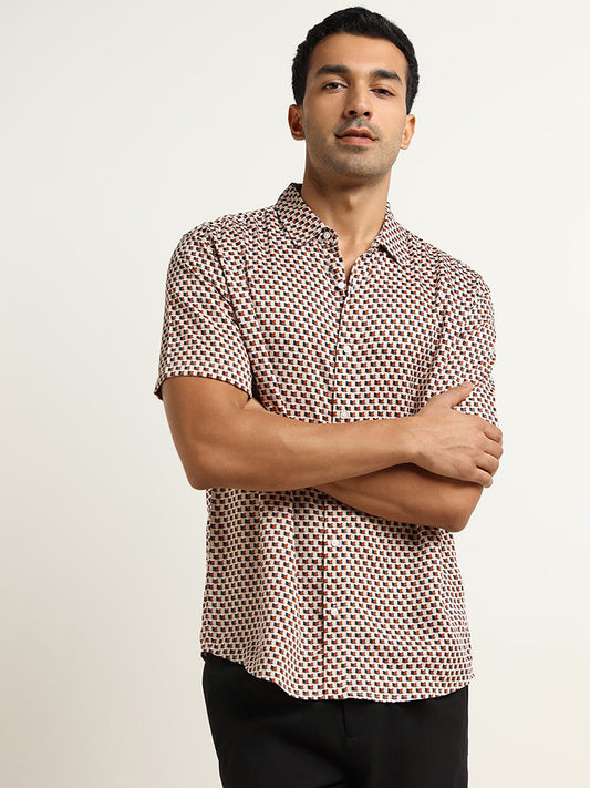 Ascot Tan Relaxed Fit Checkerboard Print Shirt