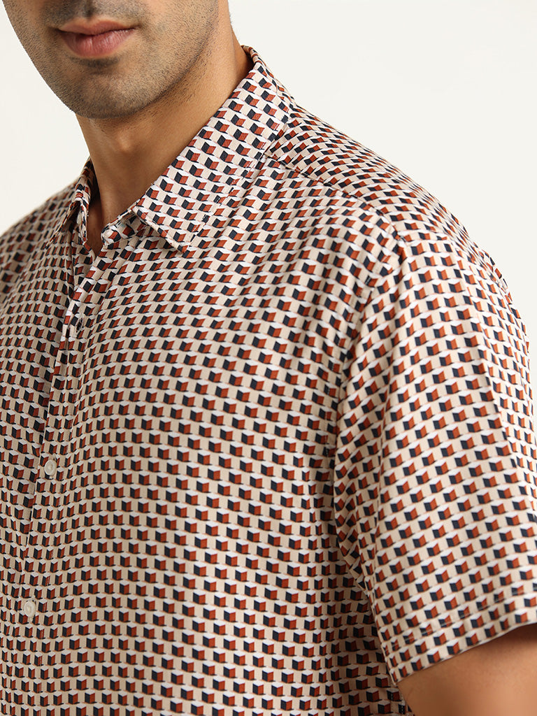 Ascot Tan Relaxed Fit Checkerboard Print Shirt