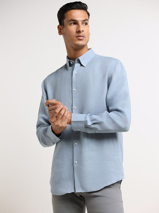 Ascot Blue Linen Blend Relaxed Fit Linen Shirt