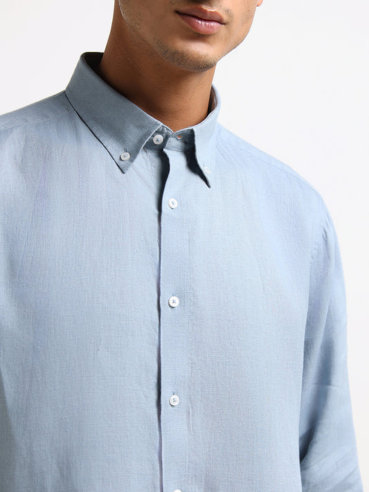 Ascot Blue Linen Blend Relaxed Fit Linen Shirt