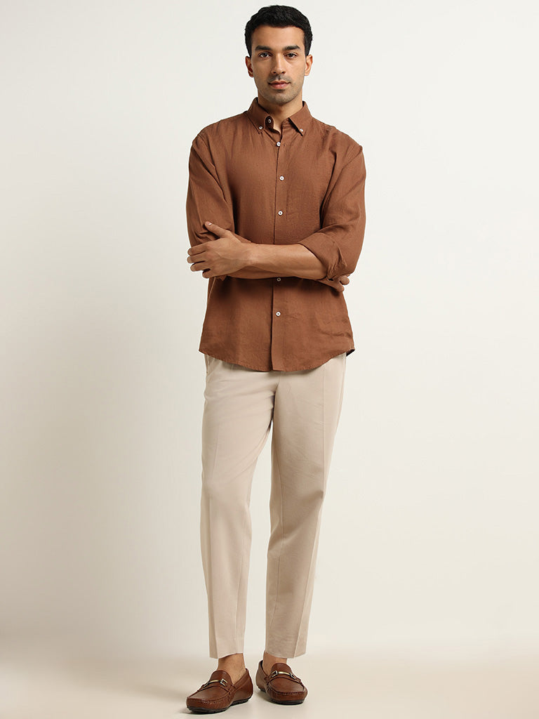 Ascot Tan Solid Relaxed Fit Linen Shirt