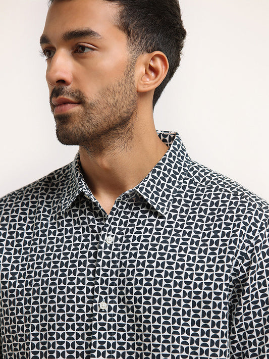 Ascot Navy Printed Cotton Blend Relaxed Fit Shirt