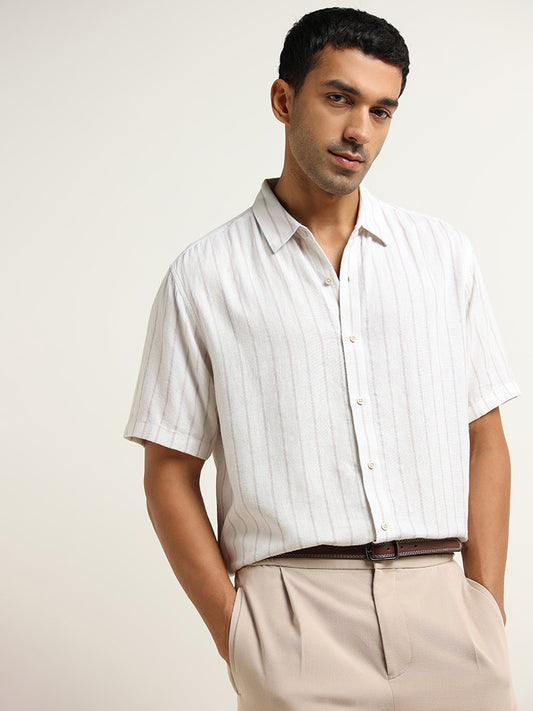 Ascot White Relaxed Fit Striped Blended Linen Shirt