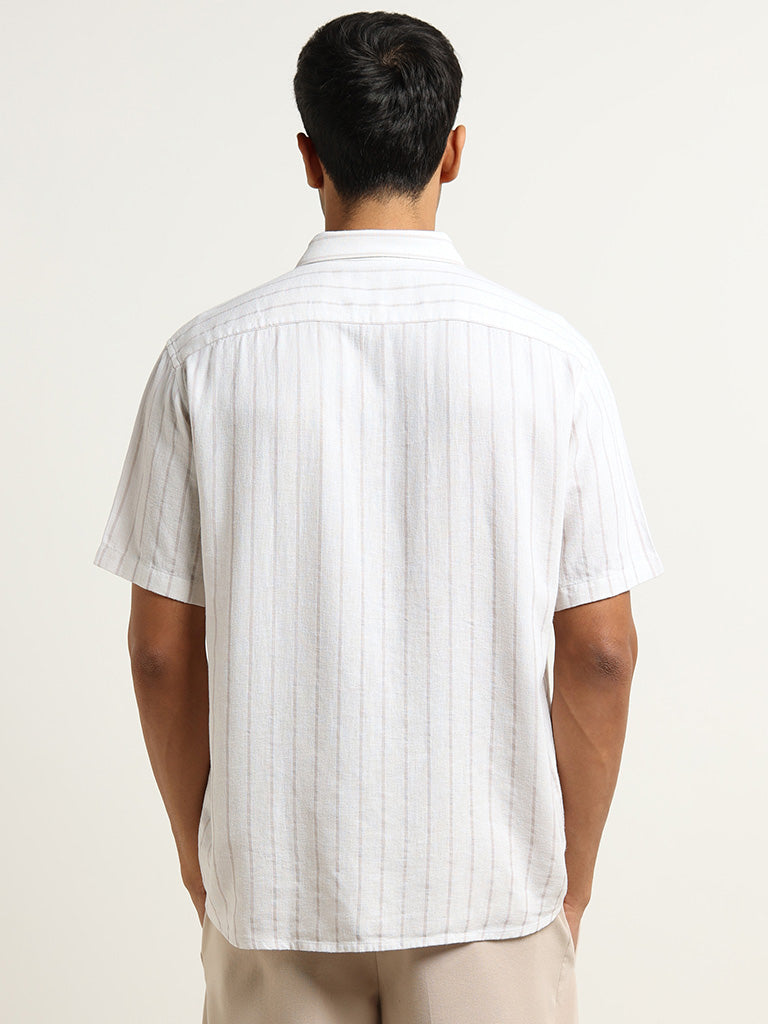 Ascot White Relaxed Fit Striped Blended Linen Shirt