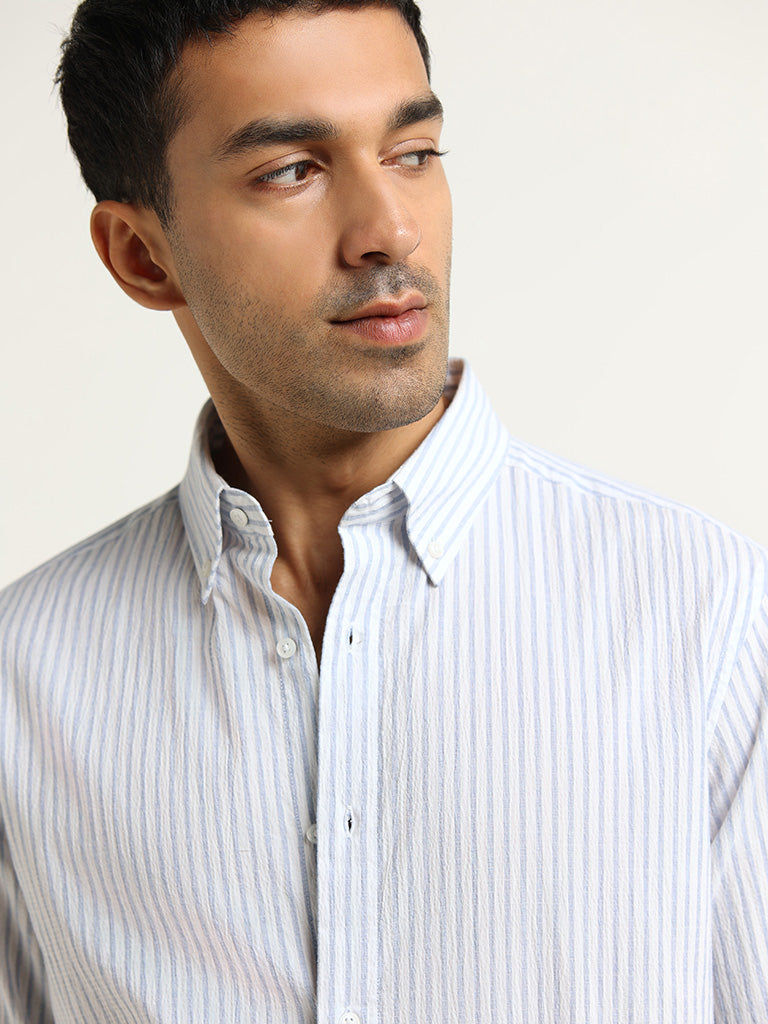 Ascot Blue Relaxed-Fit Striped Cotton Blend Shirt