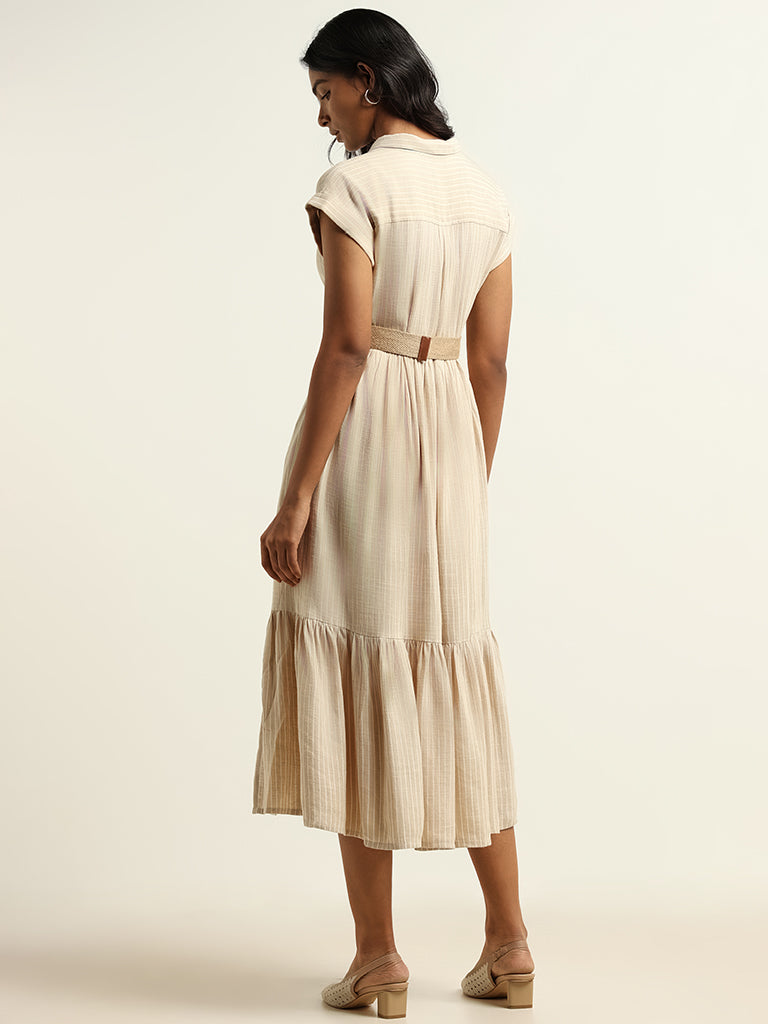 LOV Beige Collared Blended Linen Dress with Belt