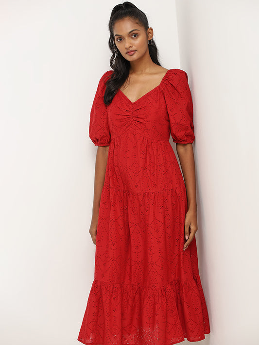 LOV Red Schiffli Cotton Maxi Dress