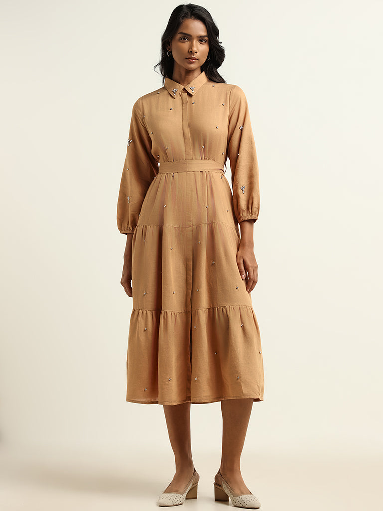 LOV Beige Embellished Blended Linen Dress with Belt
