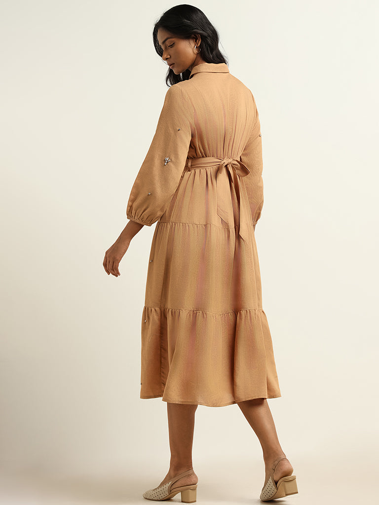 LOV Beige Embellished Blended Linen Dress with Belt