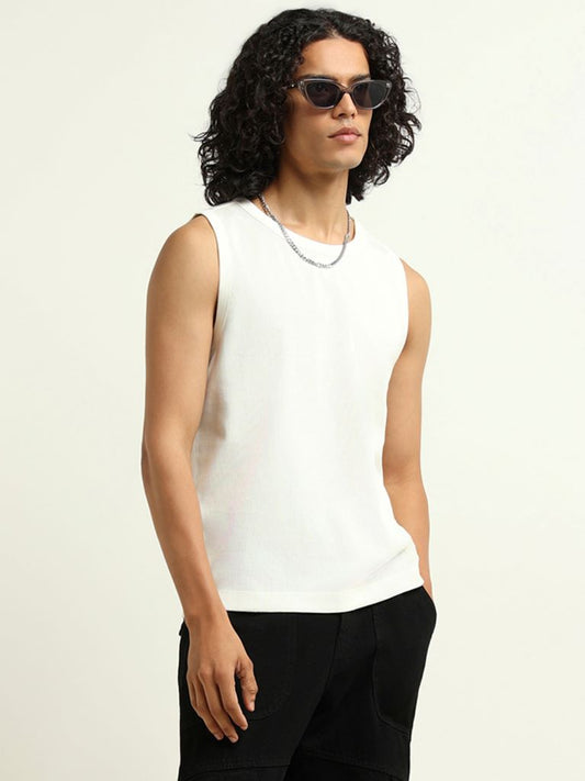 Nuon White Ribbed Slim Fit T-Shirt