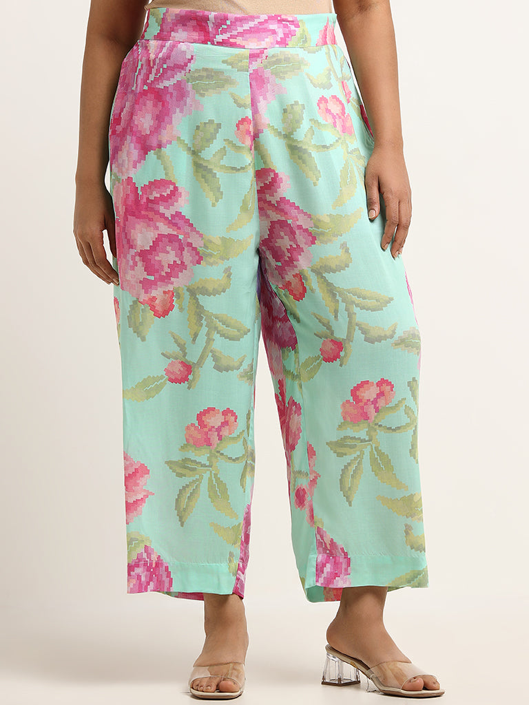 Diza Green Mid-Rise Floral Print Straight Pants