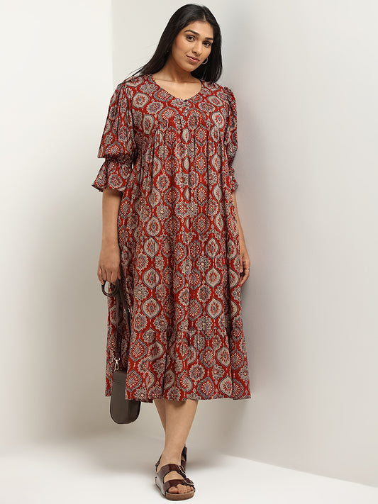 Diza Red Ethnic Print Tiered Dress