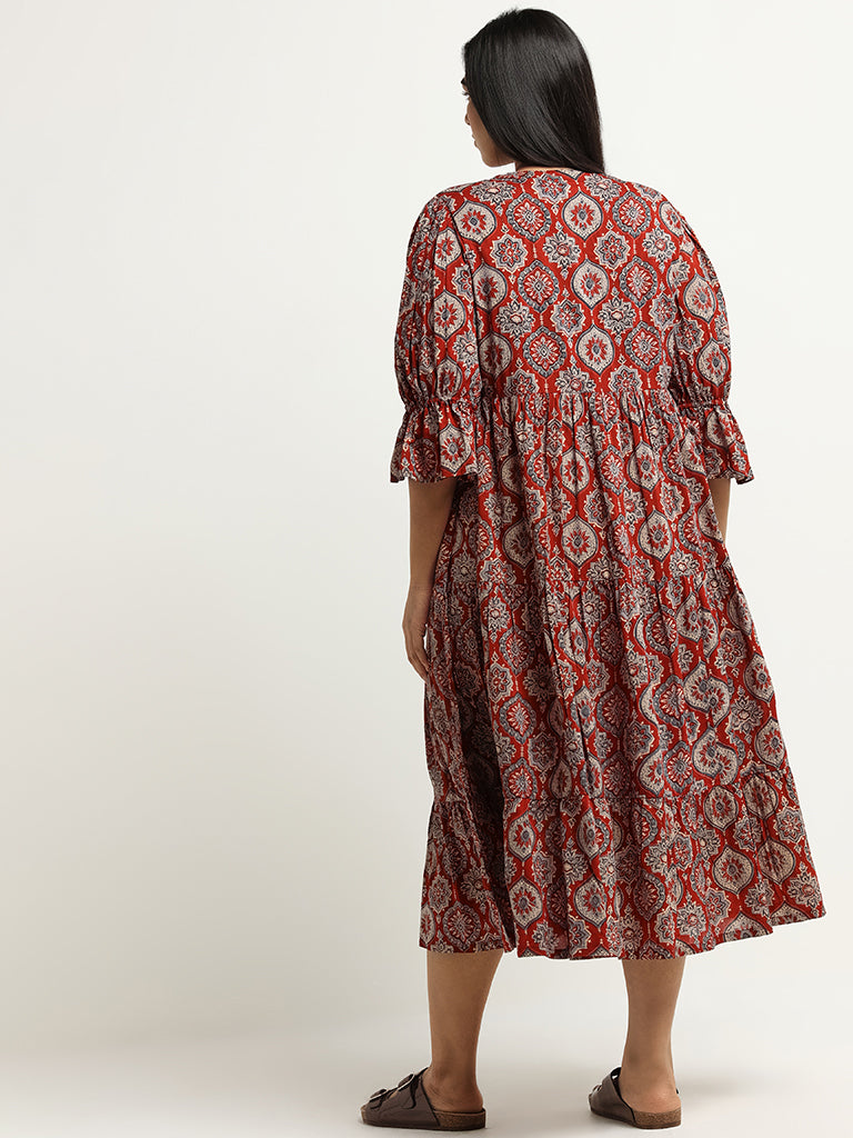 Diza Red Ethnic Print Tiered Dress