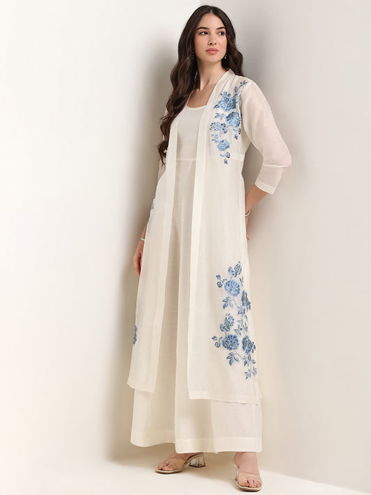 Vark White Embroidered Maxi Dress & Overlay Jacket Set