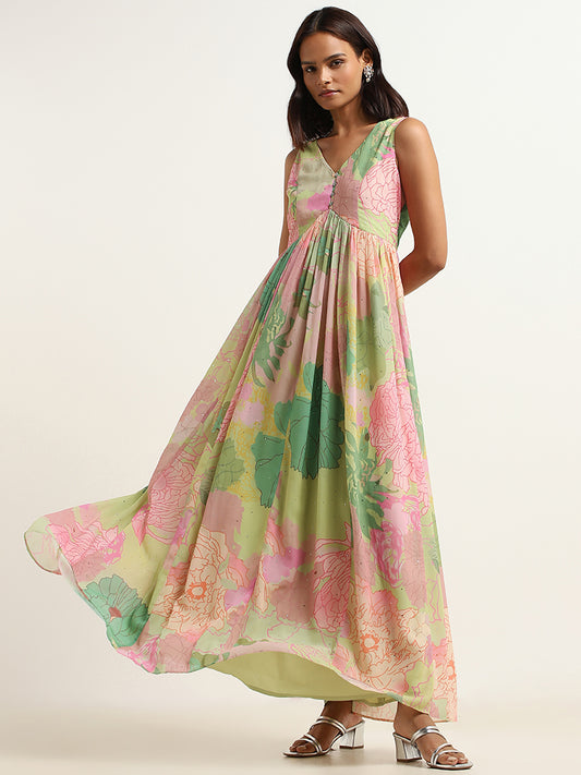 Vark Lime Floral Flared Maxi Dress
