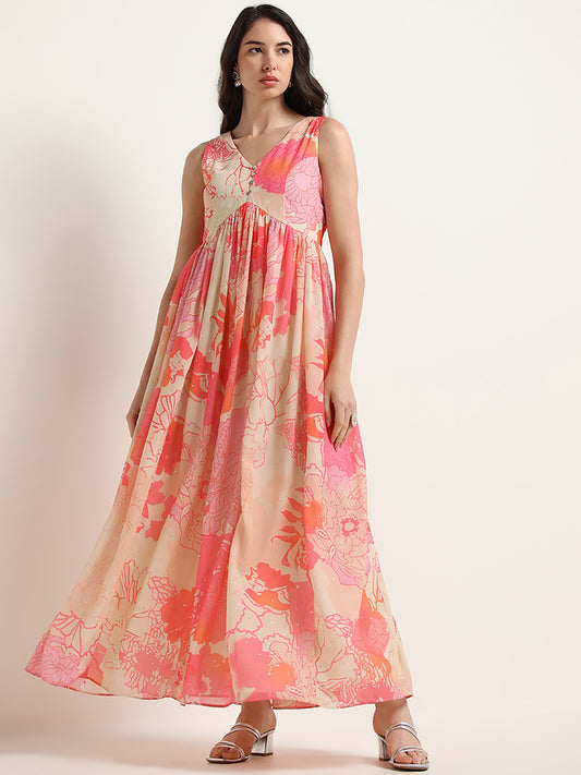 Vark Pink Floral Flared Maxi Dress
