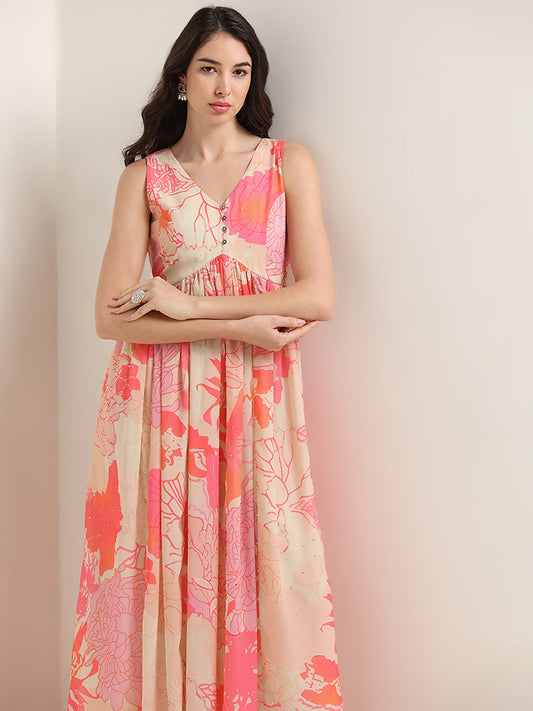 Vark Pink Floral Flared Maxi Dress