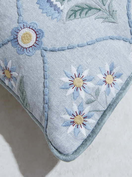 Westside Home Aqua Floral Butta Embroidered Cushion Cover