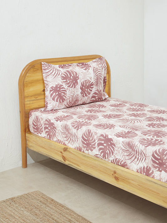 Westside Home Burgundy Leaf Design Single Bed Fitted Sheet and Pillowcase Set