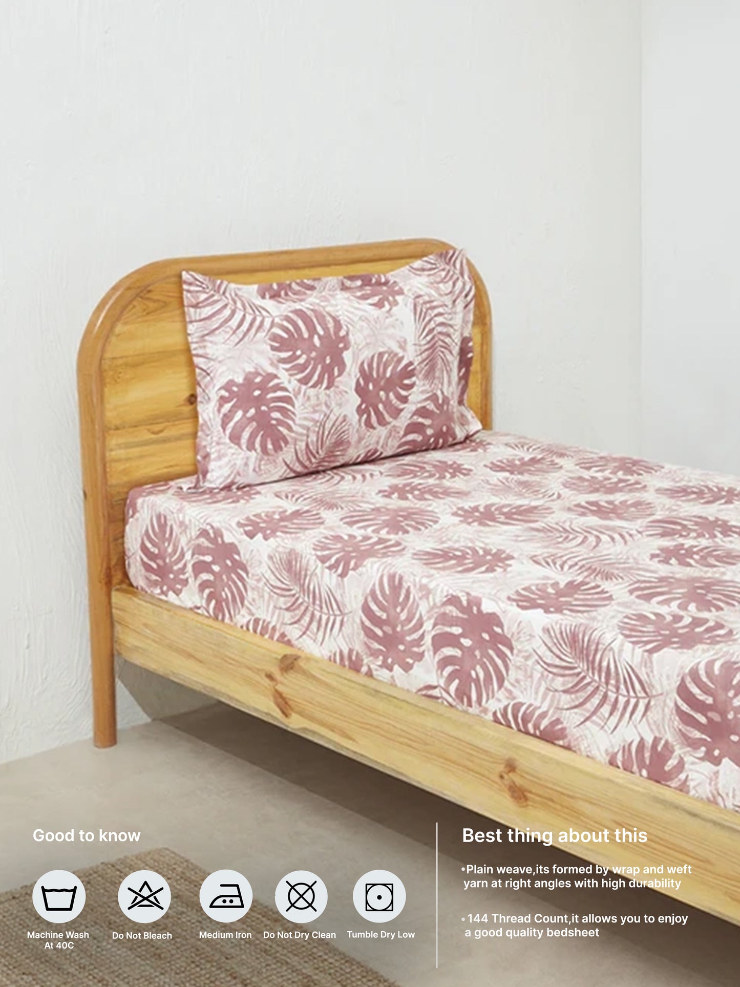 Westside Home Burgundy Leaf Design Single Bed Fitted Sheet and Pillowcase Set