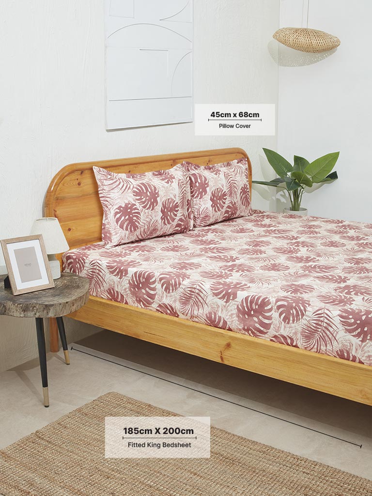 Westside Home Burgundy Leaf Design King Bed Fitted Sheet and Pillowcase Set