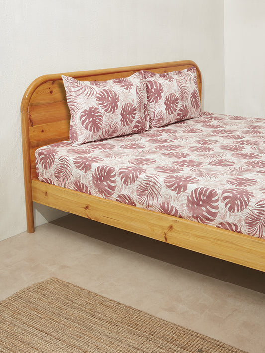 Westside Home Burgundy Leaf Design King Bed Fitted Sheet and Pillowcase Set