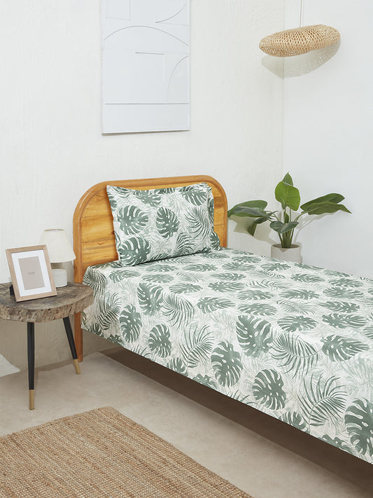 Westside Home Sage Leaf Print Single Bed Flat Sheet and Pillowcase Set