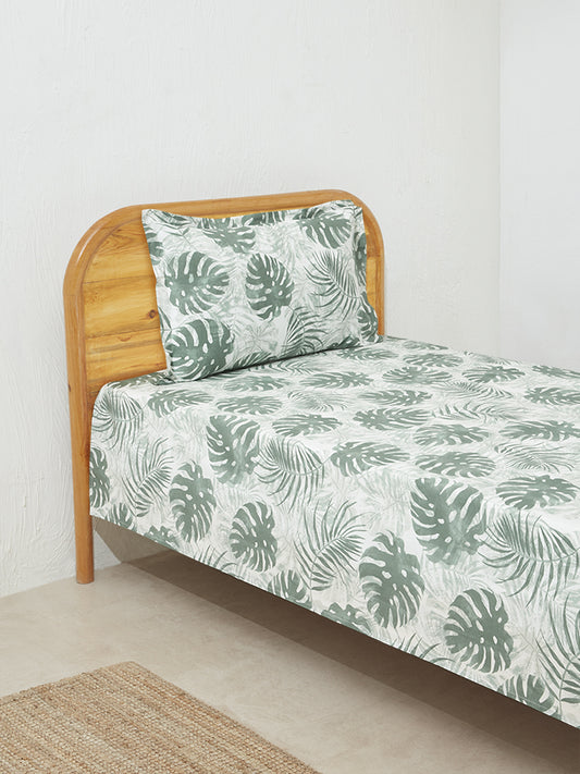 Westside Home Sage Leaf Print Single Bed Flat Sheet and Pillowcase Set