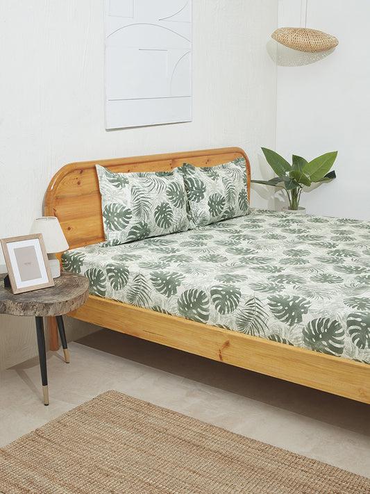 Westside Home Sage Leaf Print Double Bed Flat Sheet and Pillowcase Set