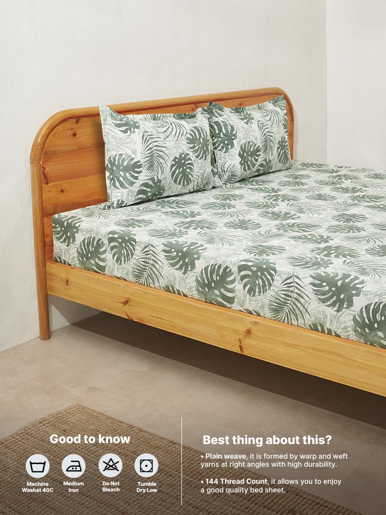 Westside Home Sage Leaf Print King Bed Flat Sheet and Pillowcase Set