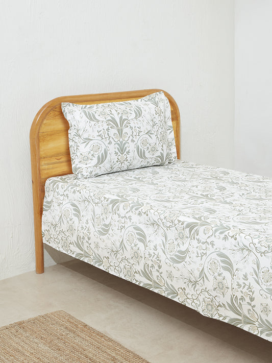 Westside Home Green Floral Single Bed Flat Sheet and Pillowcover Set