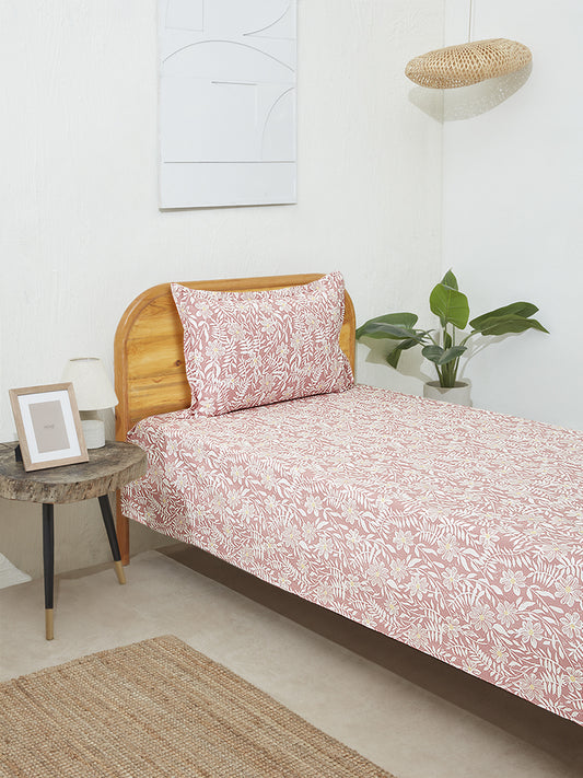 Westside Home Brick Red Floral Print Single Bed Flat Sheet and Pillowcase Set