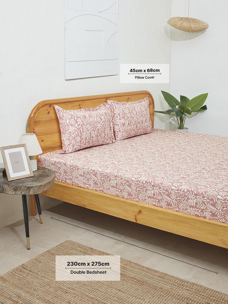 Westside Home Brick Red Floral Print Double Bed Flat Sheet and Pillowcase Set