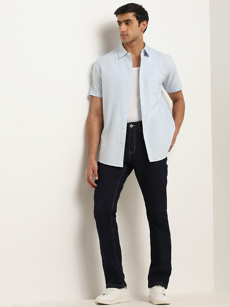 WES Casuals Blue Short- Sleeved Relaxed Fit Shirt