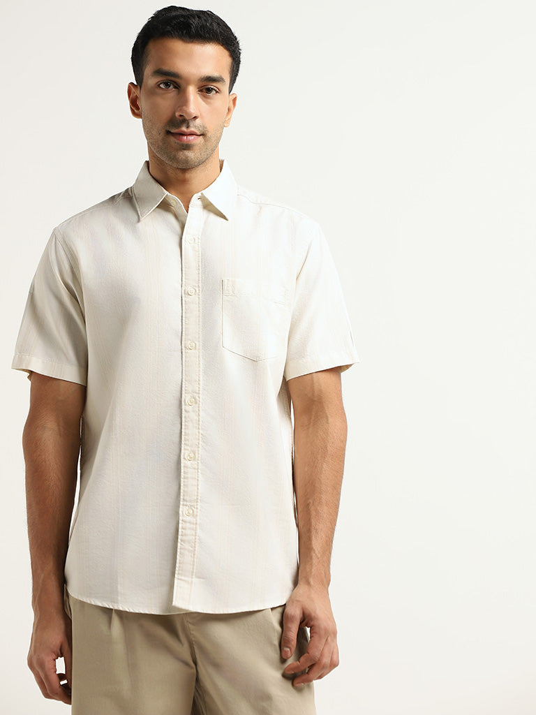 WES Casuals Cream Cotton Relaxed-Fit Shirt
