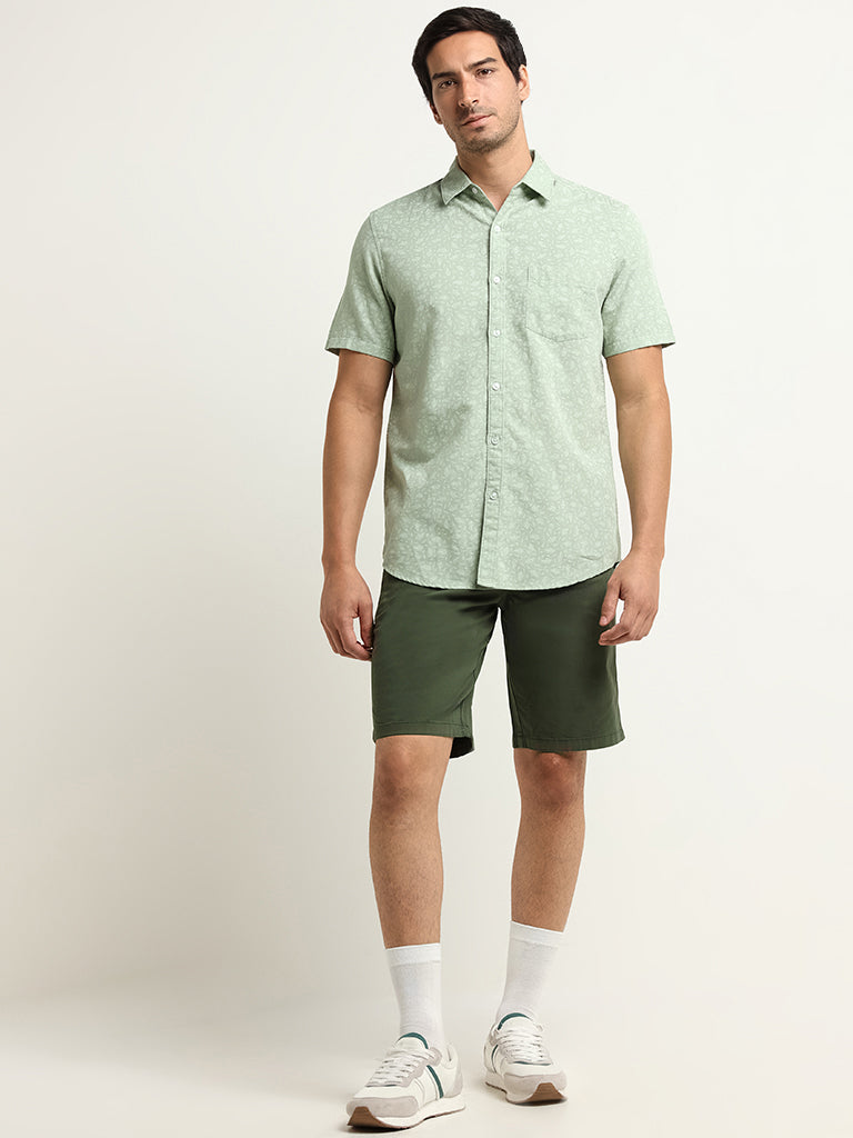 WES Casuals Green Slim Fit Printed Blended Linen Shirt