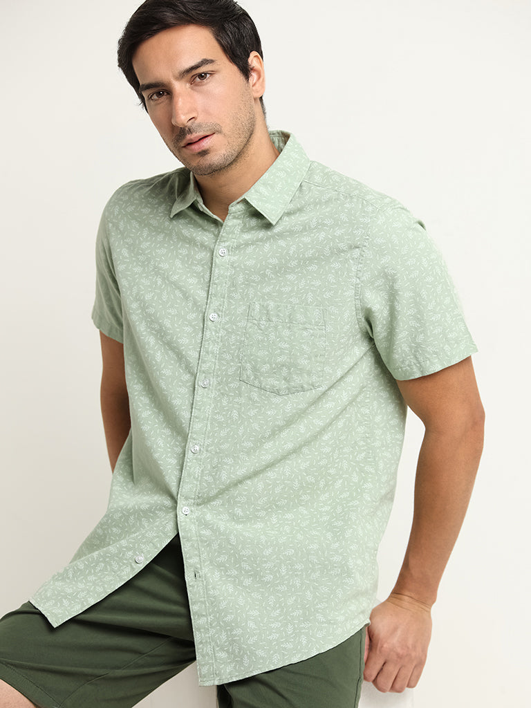 WES Casuals Green Slim Fit Printed Blended Linen Shirt