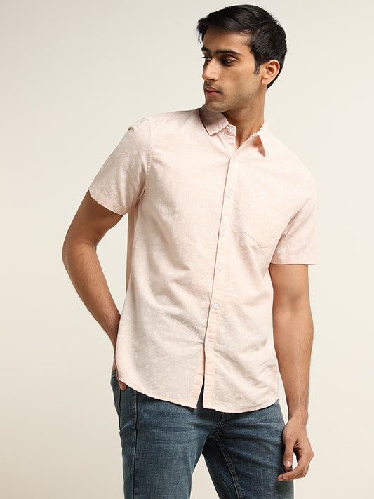 WES Casuals Light Pink Ditsy Printed Slim Fit Blended Linen Shirt