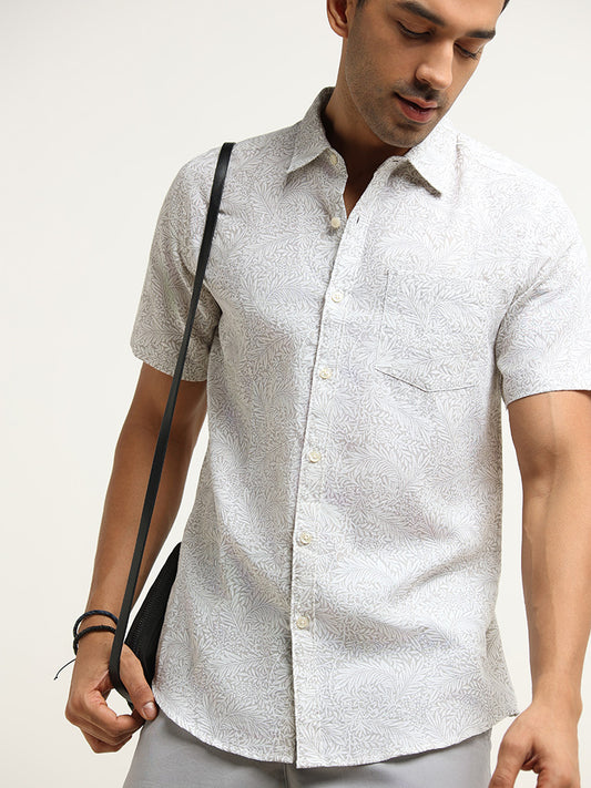 WES Casuals Grey Slim Fit Botanical Print Blended Linen Shirt