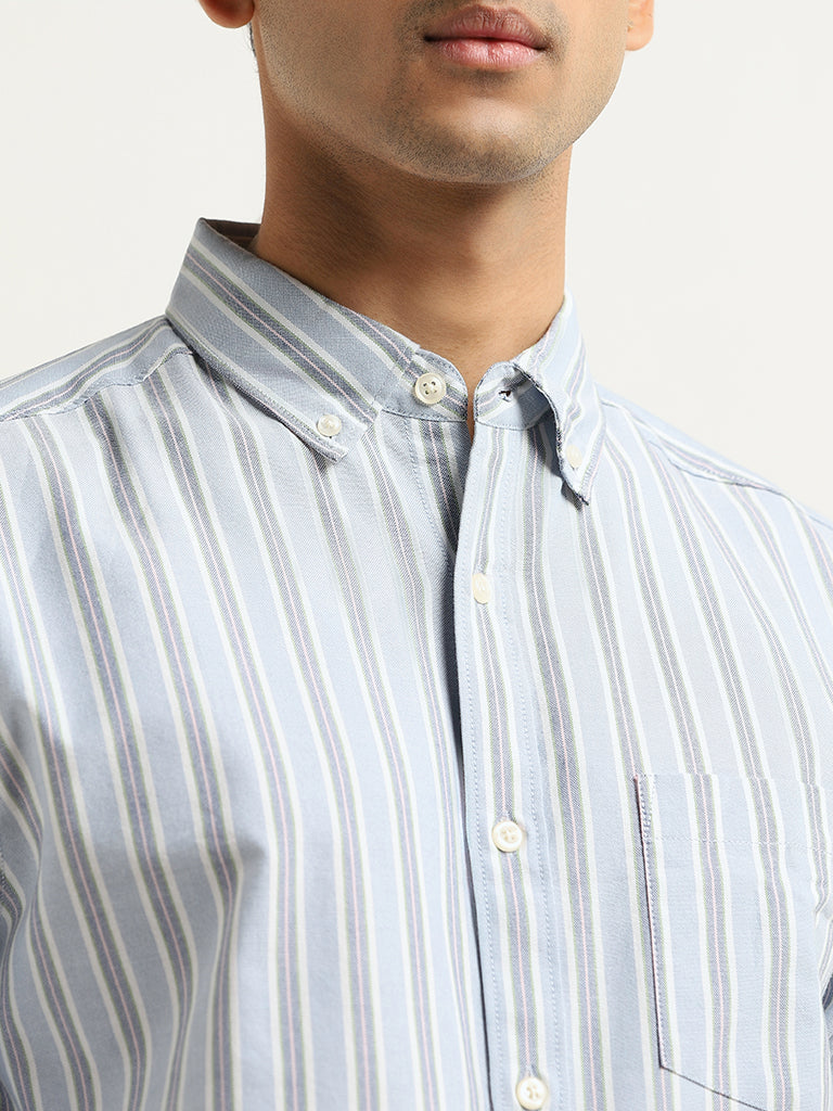 WES Casuals Blue Striped Cotton Relaxed Fit Shirt