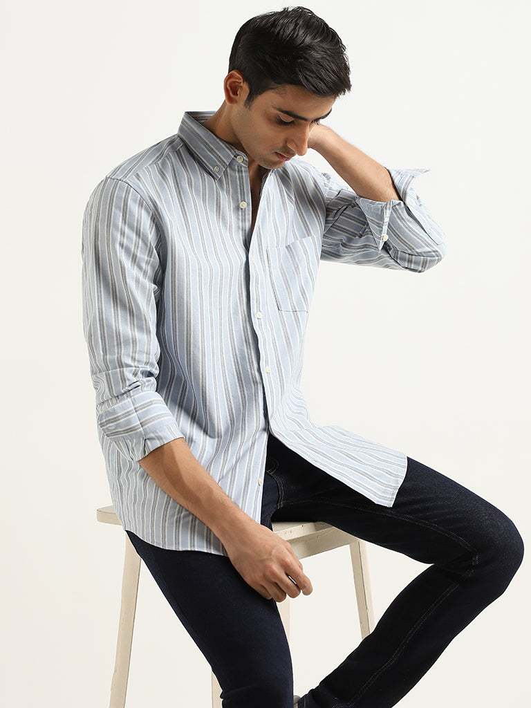 WES Casuals Blue Striped Cotton Relaxed Fit Shirt